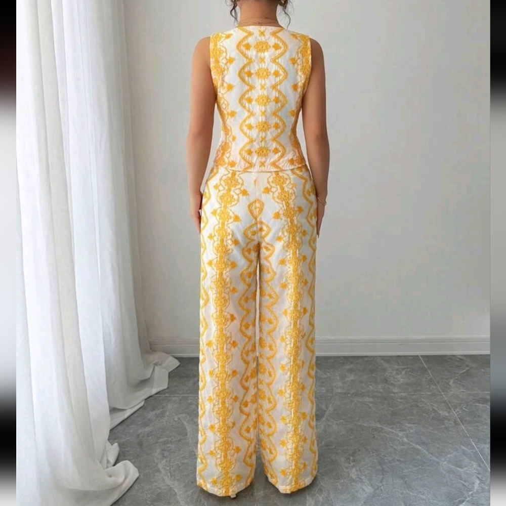2pcs/Set Vacation Casual Embroidery V-Neck Vest And High Waist Wide Leg Pants - Picture 2 of 5
